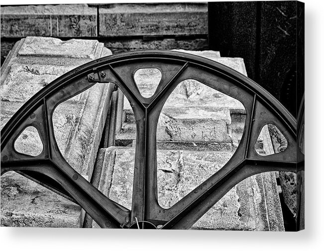 Wheel Acrylic Print featuring the photograph Wheel Of Industry BW by Ginger Stein