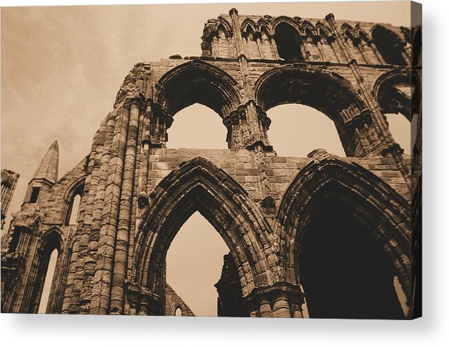 Whitby Abbey England Sepia Old Medieval Middle Ages Church Monastery Nun Nuns Architecture York Yorkshire Monasteries Ruins Saint Century Black Death Building  Cathedral Cloister Feudal Benedictine Monk Monks Celtic Bram Stoker Dracula Acrylic Print featuring the photograph Whitby Abbey #73 by Raymond Magnani