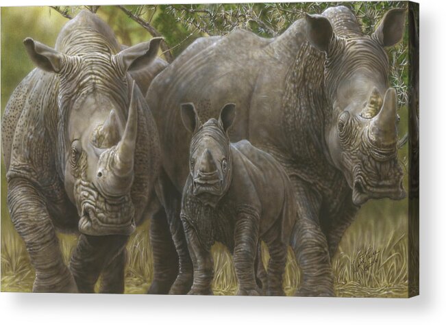  Acrylic Print featuring the painting White Rhino Family - The Face That Only A Mother Could Love by Wayne Pruse