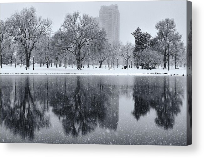 Denver Acrylic Print featuring the photograph Snowy reflections of trees in lake at City Park, Denver CO by Philip Rodgers