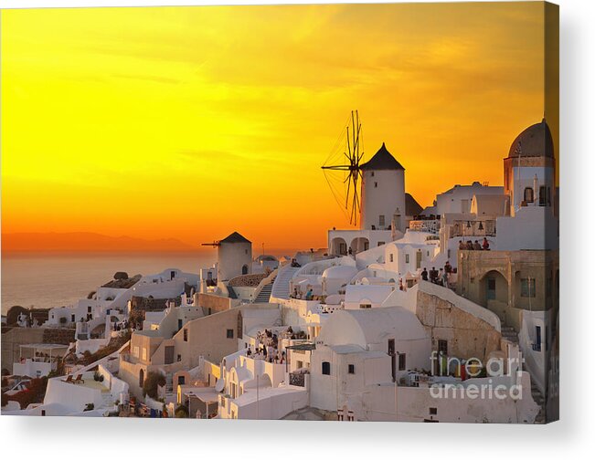 Santorini Acrylic Print featuring the photograph windmill of Oia at sunset, Santorini by Anastasy Yarmolovich