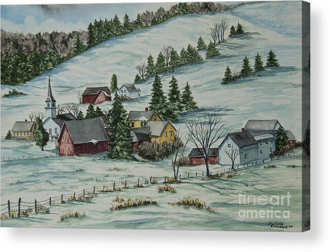 Winter Scene Paintings Acrylic Print featuring the painting Winter In East Chatham Vermont by Charlotte Blanchard