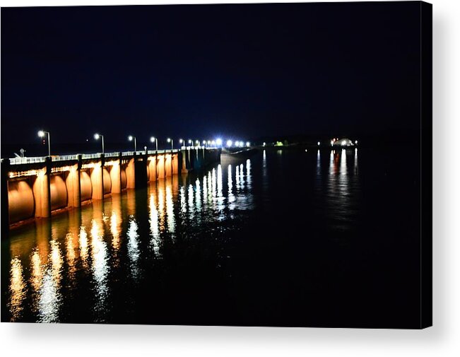 Nighttime Acrylic Print featuring the photograph Wolf Creek Dam Nightlights Reflection by Stacie Siemsen