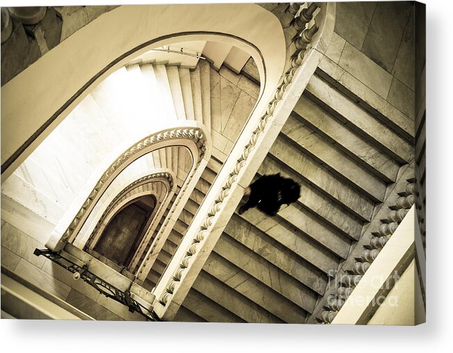 Winding Acrylic Print featuring the digital art Woman going down at staircase by Perry Van Munster