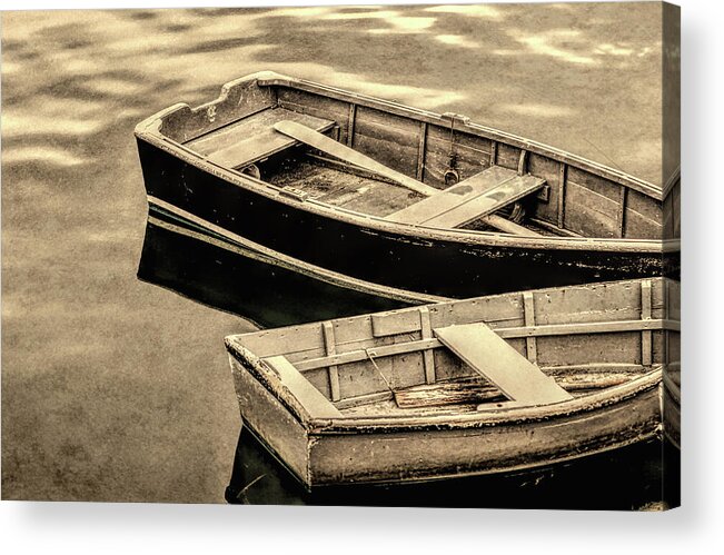 Boats Acrylic Print featuring the photograph Wood Rowboats Sepia Distressed by David Smith