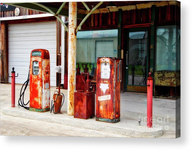 Gas Pumps Acrylic Print featuring the photograph Woody's Garage by Linda James