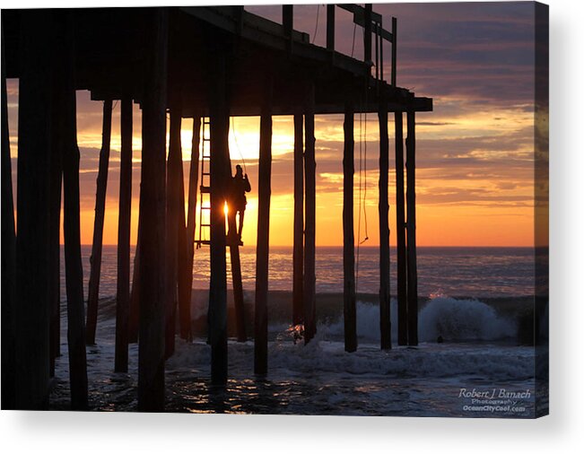Work Acrylic Print featuring the photograph Working On The Pier At Dawn by Robert Banach