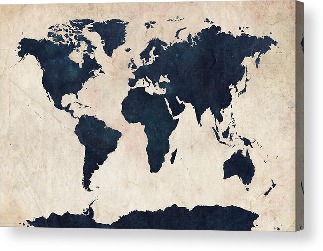 Map Of The World Acrylic Print featuring the digital art World Map Distressed Navy by Michael Tompsett