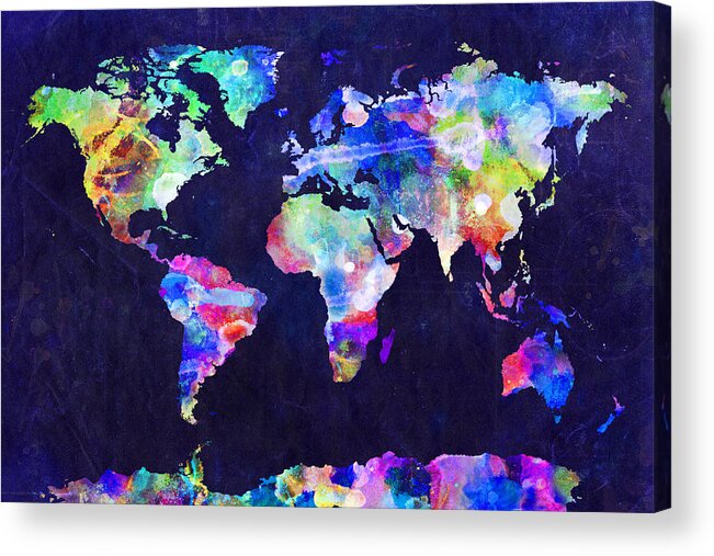 Map Of The World Acrylic Print featuring the digital art World Map Urban Watercolor by Michael Tompsett