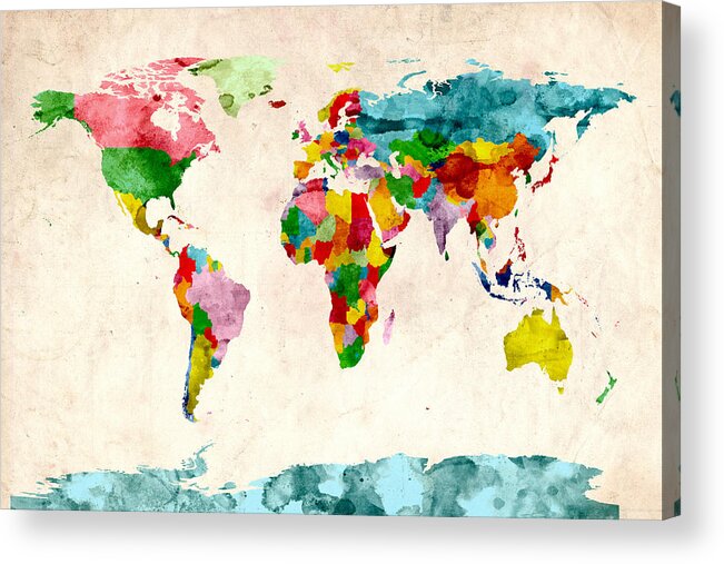 World Map Acrylic Print featuring the digital art World Map Watercolors by Michael Tompsett