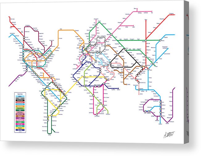 World Map Acrylic Print featuring the digital art World Metro Tube Subway Map by Michael Tompsett