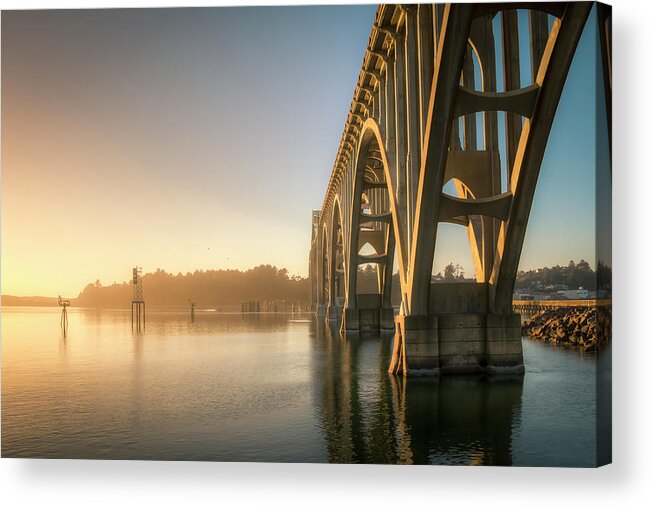Architecture Acrylic Print featuring the photograph Yaquina Bay Bridge - Golden Light 0634 by Kristina Rinell