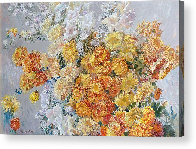 Maya Gusarina Acrylic Print featuring the painting Yellow Chrysanthemum by Maya Gusarina