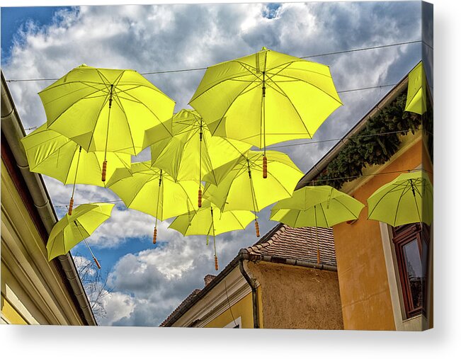 Travel Acrylic Print featuring the photograph Yellow Umbrellas Over Szentendre by John Hoey