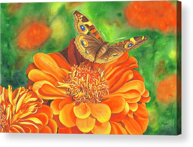 Zinnia With Butterfly Acrylic Print featuring the painting Zinnia Runway by Lori Taylor