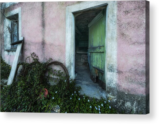 Zoagli Acrylic Print featuring the photograph Zoagli Old Abandoned Door With Flowers by Enrico Pelos
