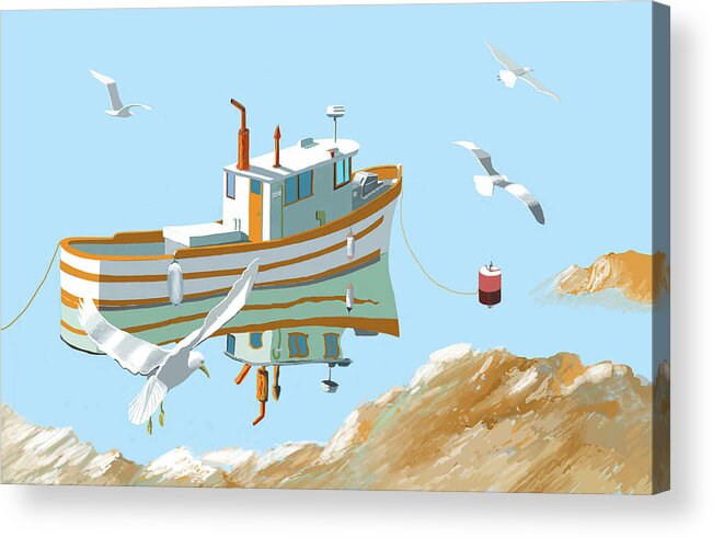 Seagull Sea Gull Sea Ocean Lake River Fish Boat Fishing Troller Trawler Sailing Sailboat Landscape Seascape Acrylic Print featuring the digital art A contemplation of seagulls #2 by Gary Giacomelli