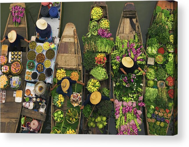 People Acrylic Print featuring the photograph A Floating Market On A Canal In by Mint Images - Art Wolfe