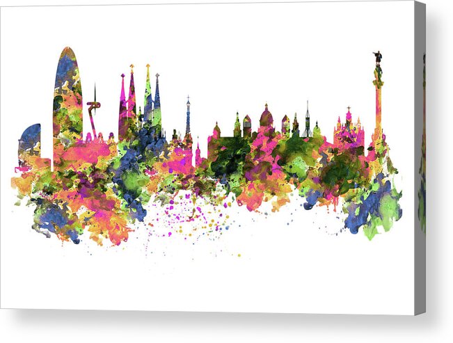 Marian Voicu Acrylic Print featuring the painting Barcelona Watercolor Skyline #1 by Marian Voicu