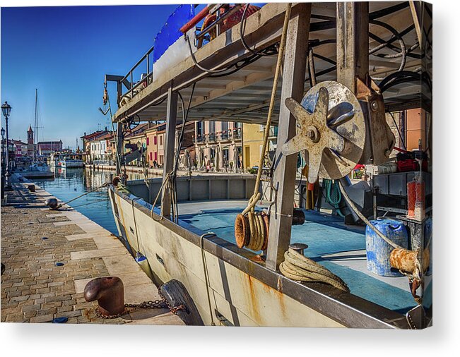 Boats Acrylic Print featuring the photograph boat on Italian Canal Port #1 by Vivida Photo PC