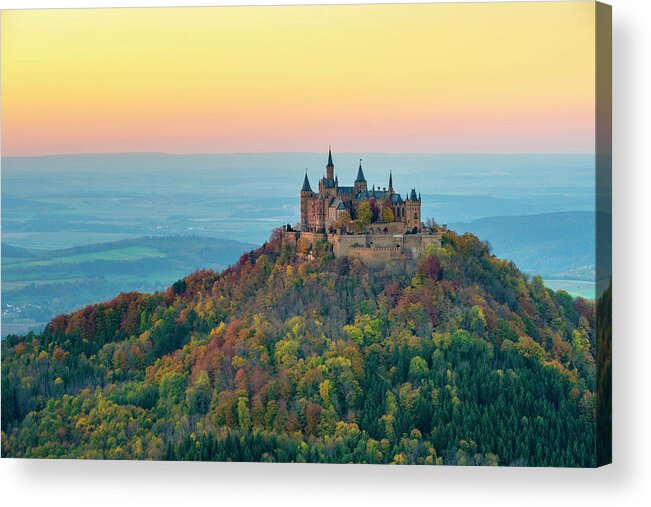 Hohenzollern Acrylic Print featuring the photograph Burg Hohenzollern Castle At Sunset, Baden-württemberg, Germany #1 by Cavan Images