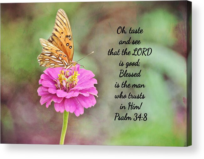 Butterfly Acrylic Print featuring the digital art Butterfly Zinnia and Scripture #2 by Gaby Ethington