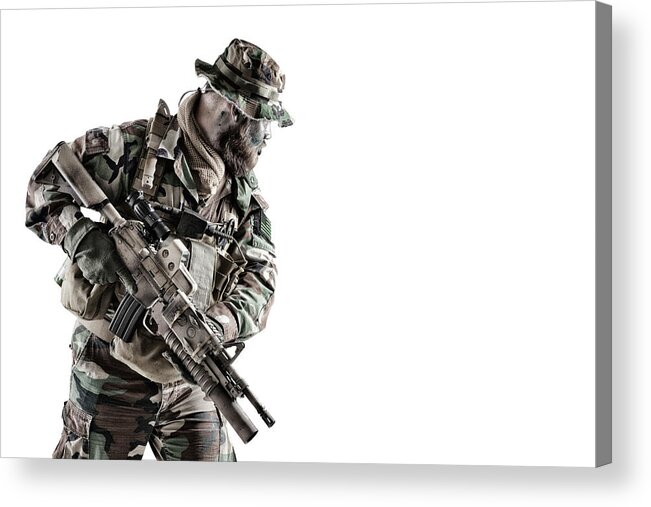 Soldier Acrylic Print featuring the photograph Commando Soldier In Camouflage Uniform #1 by Oleg Zabielin