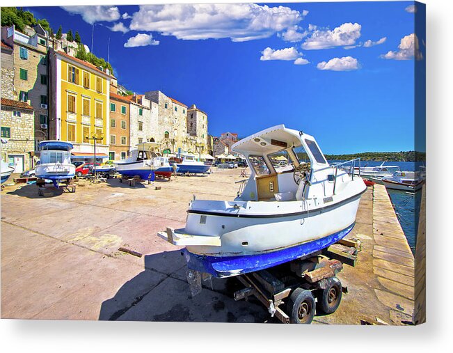 Sibenik Acrylic Print featuring the photograph Historic UNESCO town of Sibenik old harbor and waterfront view #1 by Brch Photography