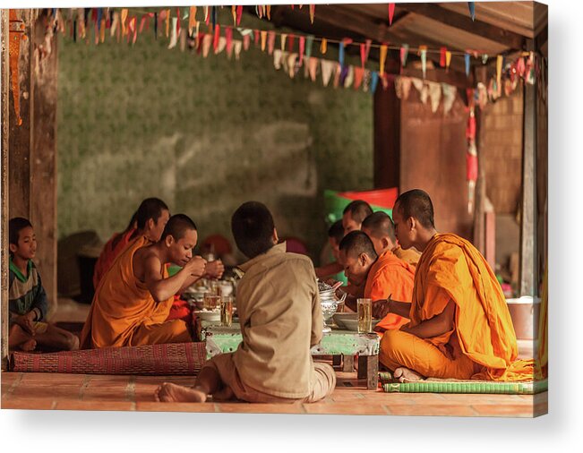 Young Men Acrylic Print featuring the photograph Monks At Breakfast, Wat Monastery #1 by Cultura Rm Exclusive/gary Latham