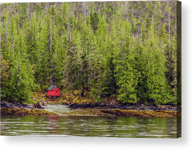 Alaska Acrylic Print featuring the photograph Red Cabin on Edge of Alaskan Waterway in Evergreen Forest #1 by Darryl Brooks