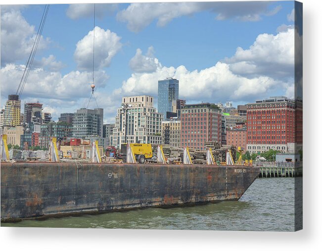 Freedom Tower Acrylic Print featuring the photograph Rusting Barge #1 by Cate Franklyn