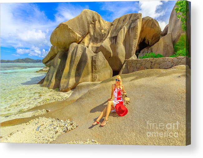 Anse Source Dargent Acrylic Print featuring the photograph Tourist woman at Seychelles #1 by Benny Marty