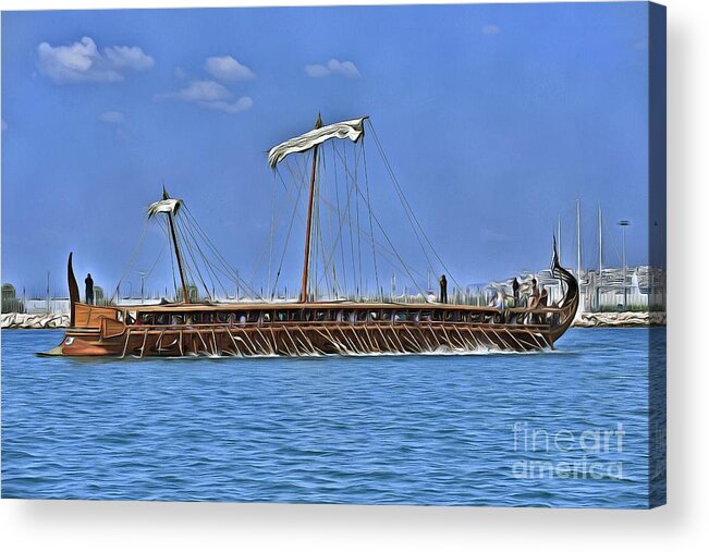 Ancient Acrylic Print featuring the painting Trireme Olympias underway #1 by George Atsametakis