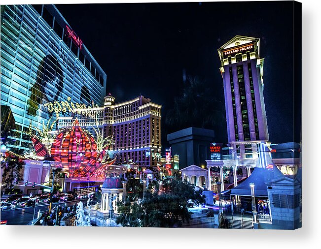 Shot Acrylic Print featuring the photograph High Energy Electric Long Exposure Of Las Vegas City Streets At #11 by Alex Grichenko