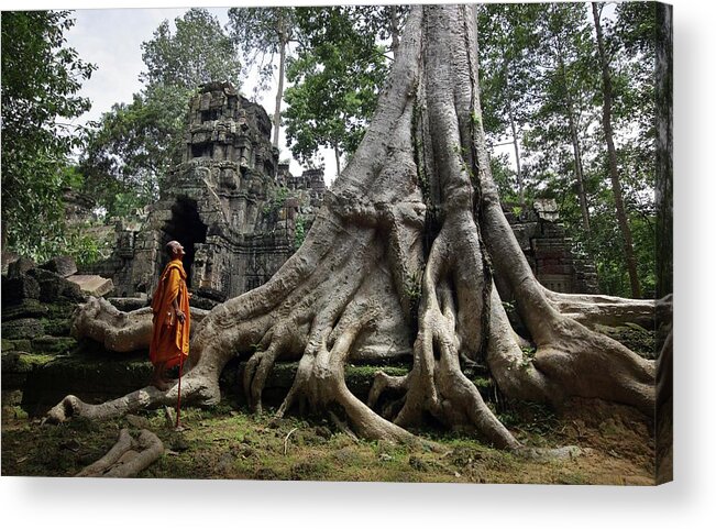 Orange Color Acrylic Print featuring the photograph Buddhist Monk At Angkor Wat Temple #2 by Timothy Allen