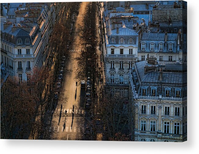 Street Acrylic Print featuring the photograph 2 Cyclists + 2 Pedestrians by Gerald Bloch