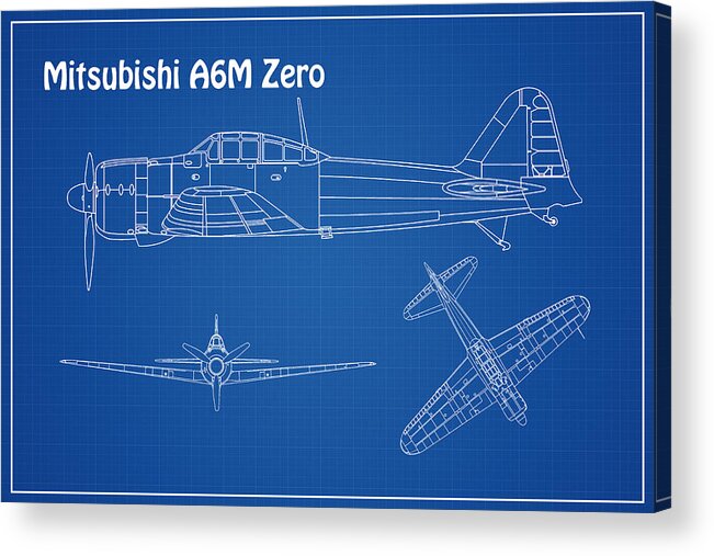 A6m Zero Acrylic Print featuring the drawing Mitsubishi A6m Zero - Airplane Blueprint. Drawing Plans For Mitsubishi A6m Reisen, Rei-sen Or Zeke #2 by SP JE Art