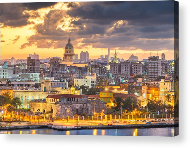 Landscape Acrylic Print featuring the photograph Havana, Cuba Downtown Skyline At Dusk #3 by Sean Pavone