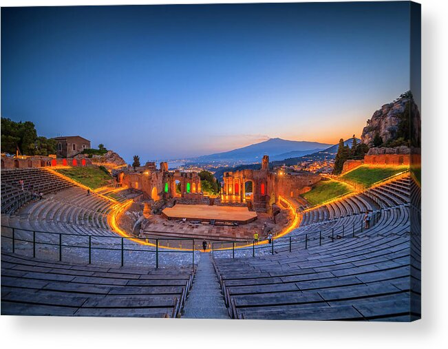 Estock Acrylic Print featuring the digital art Italy, Sicily, Messina District, Ionian Coast, Ionian Sea, Taormina, Greek Theatre, Mount Etna In The Background #3 by Alessandro Saffo