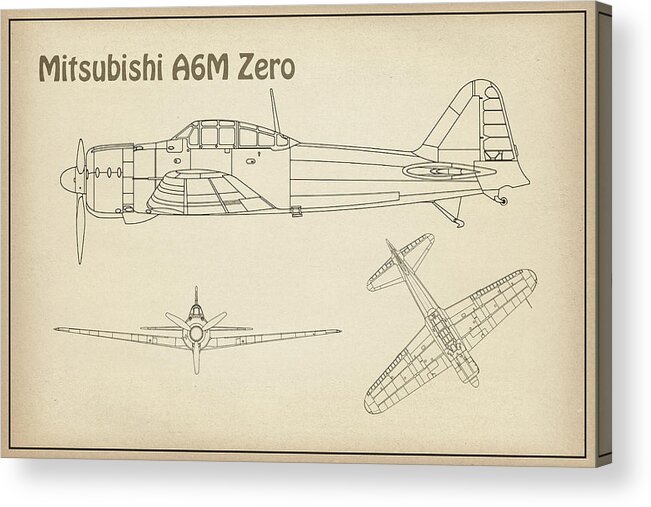 A6m Zero Acrylic Print featuring the drawing Mitsubishi A6m Zero - Airplane Blueprint. Drawing Plans For Mitsubishi A6m Reisen, Rei-sen Or Zeke #3 by SP JE Art