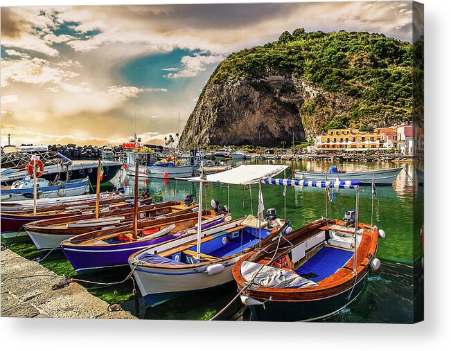 Boats Acrylic Print featuring the photograph Moored Boats Under Promontory #3 by Vivida Photo PC