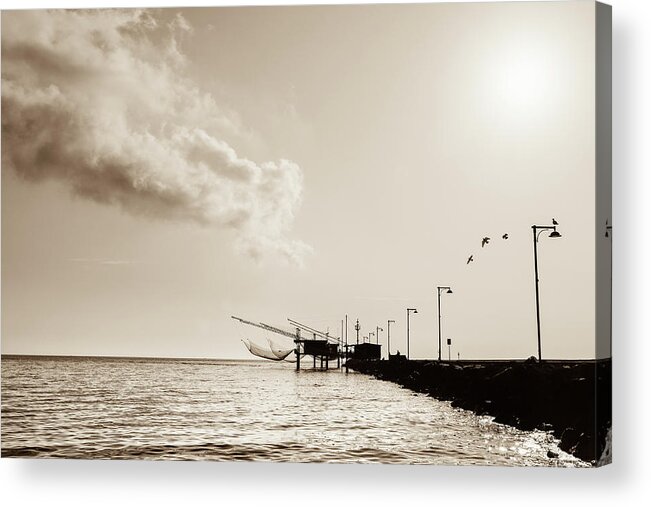 Dawn Acrylic Print featuring the photograph Pier With Fishermans Nets #3 by Deimagine
