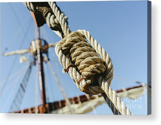 Adventure Acrylic Print featuring the photograph Rigging and ropes on an old sailing ship to sail in summer. #3 by Joaquin Corbalan