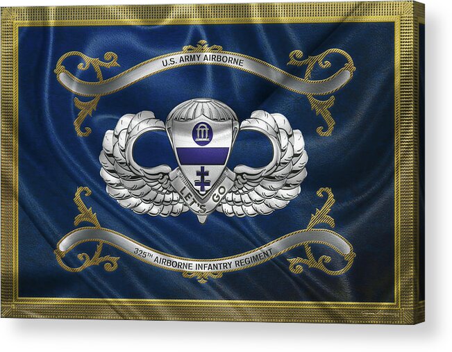 Military Insignia & Heraldry By Serge Averbukh Acrylic Print featuring the digital art 325th Airborne Infantry Regiment - 325th A I R Insignia with Parachutist Badge over Flag by Serge Averbukh