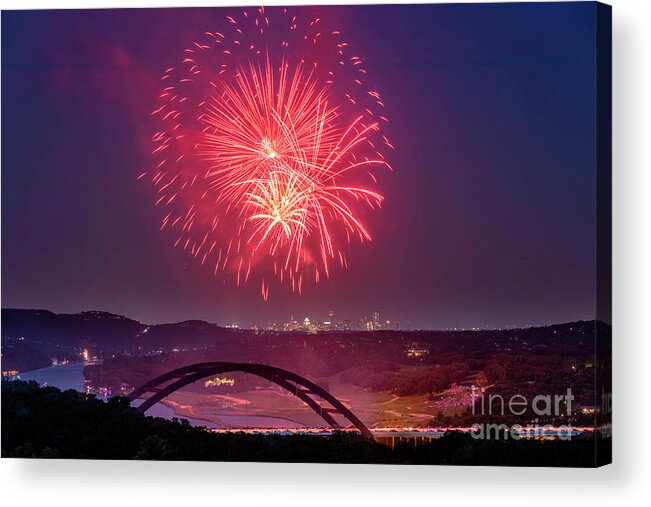 Fourth Of July Acrylic Print featuring the photograph 4th of July Austin, Texas Fireworks explode over the 360 Pennyba by Dan Herron