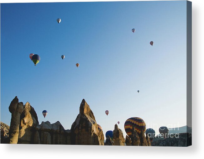 Adventure Acrylic Print featuring the photograph Colorful balloons flying over mountains and with blue sky #5 by Joaquin Corbalan