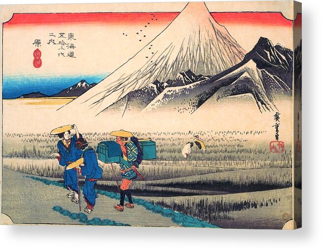 Utagawa Hiroshige Acrylic Print featuring the painting 53 Stations of the Tokaido - Hara, Mount Fuji in the Morning by Utagawa Hiroshige