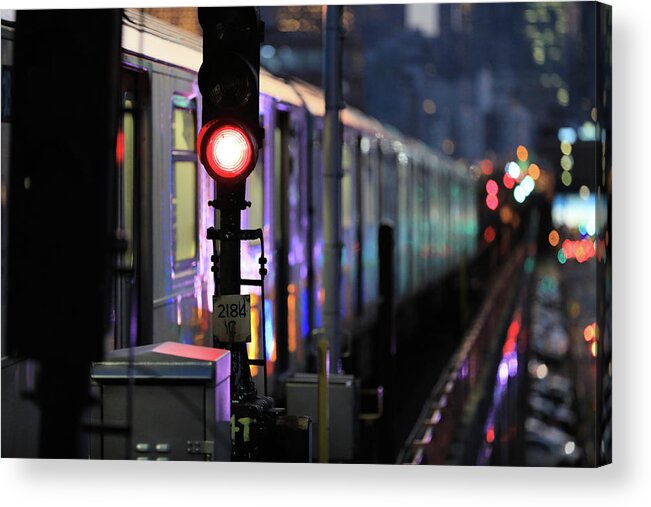 Subway Acrylic Print featuring the photograph 7 NightScape No.3 - Manhattan-bound 7 Train Departs 40th St Station, Queens by Steve Ember