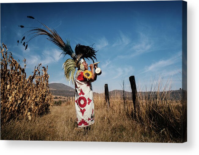 Mexico Acrylic Print featuring the photograph A Chichimeca Musician in the field, Mexico by Kamran Ali
