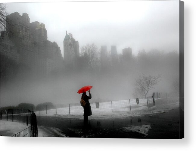 Pedestrian Acrylic Print featuring the photograph A Red Umbrella Provides The Only by New York Daily News Archive